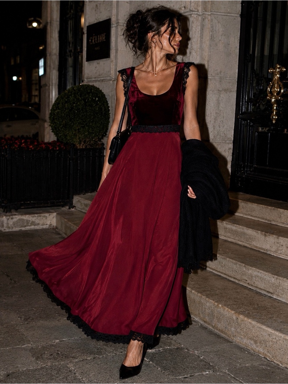 Vintage Burgundy Velvet Lace Maxi Dress Goth Dark Coquette Romantic S